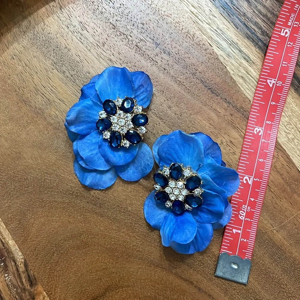 Navy blue lime green crystal flower statement beaded earrings Anthropologie OOAK